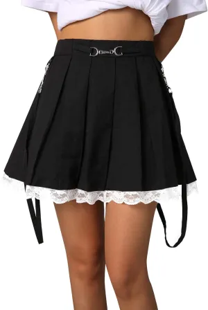 Women Y2k Lace Patchwork Mini Pleated Skirts High Waist Lace Trim Ruffle Short Skirts E-Girl Harajuku Goth Skirts