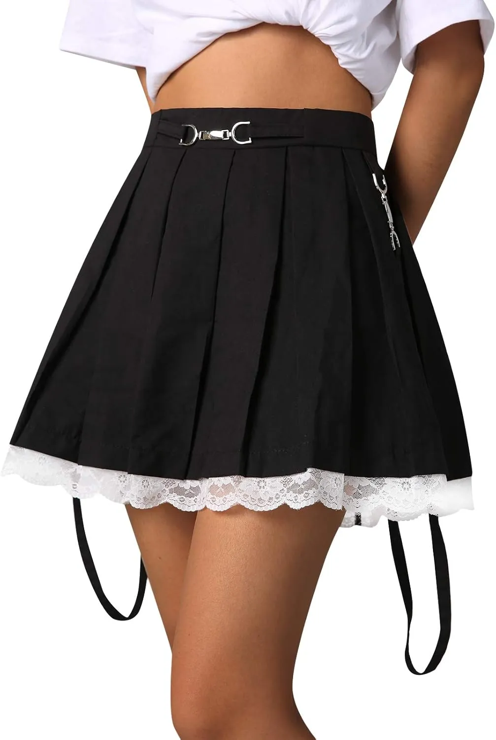 Women Y2k Lace Patchwork Mini Pleated Skirts High Waist Lace Trim Ruffle Short Skirts E-Girl Harajuku Goth Skirts