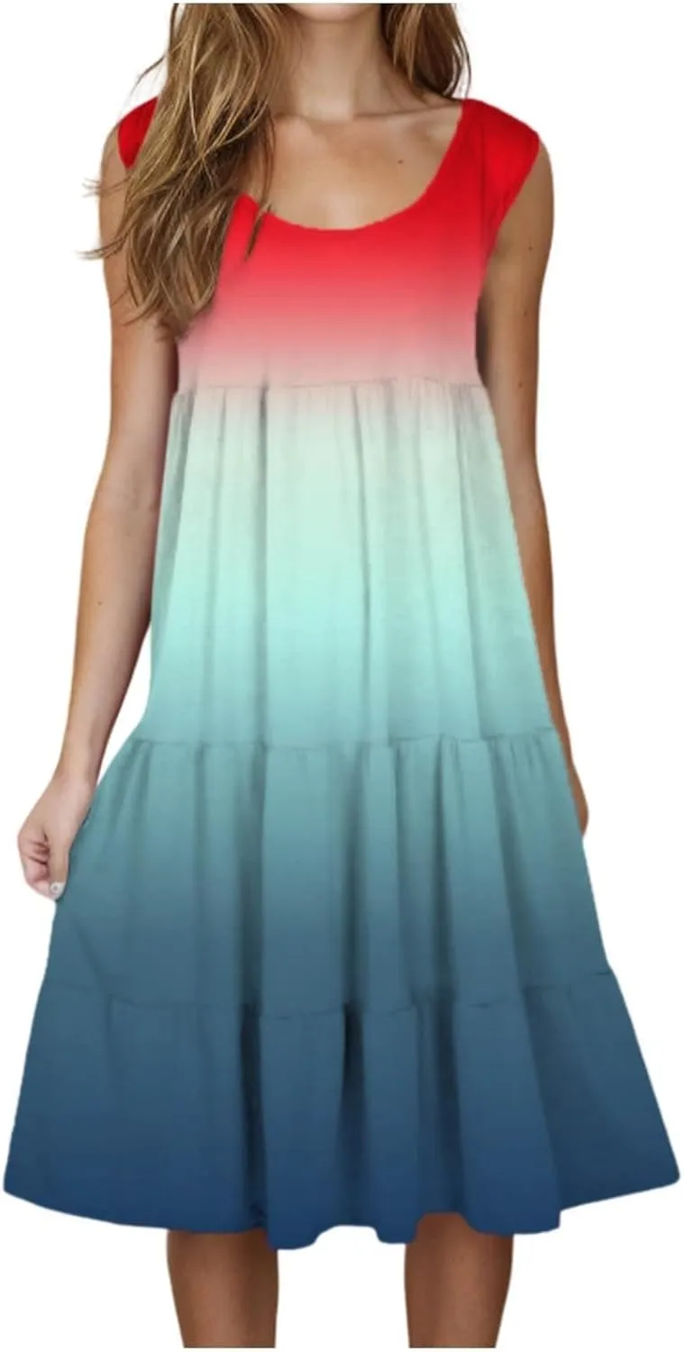 Women's 2025 Summer Flowy Midi Dress Casual Sleeveless Crew Neck Sundresses Lightweight Boho Beach A-Line Dresses