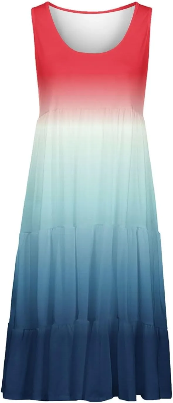 Women's 2025 Summer Flowy Midi Dress Casual Sleeveless Crew Neck Sundresses Lightweight Boho Beach A-Line Dresses