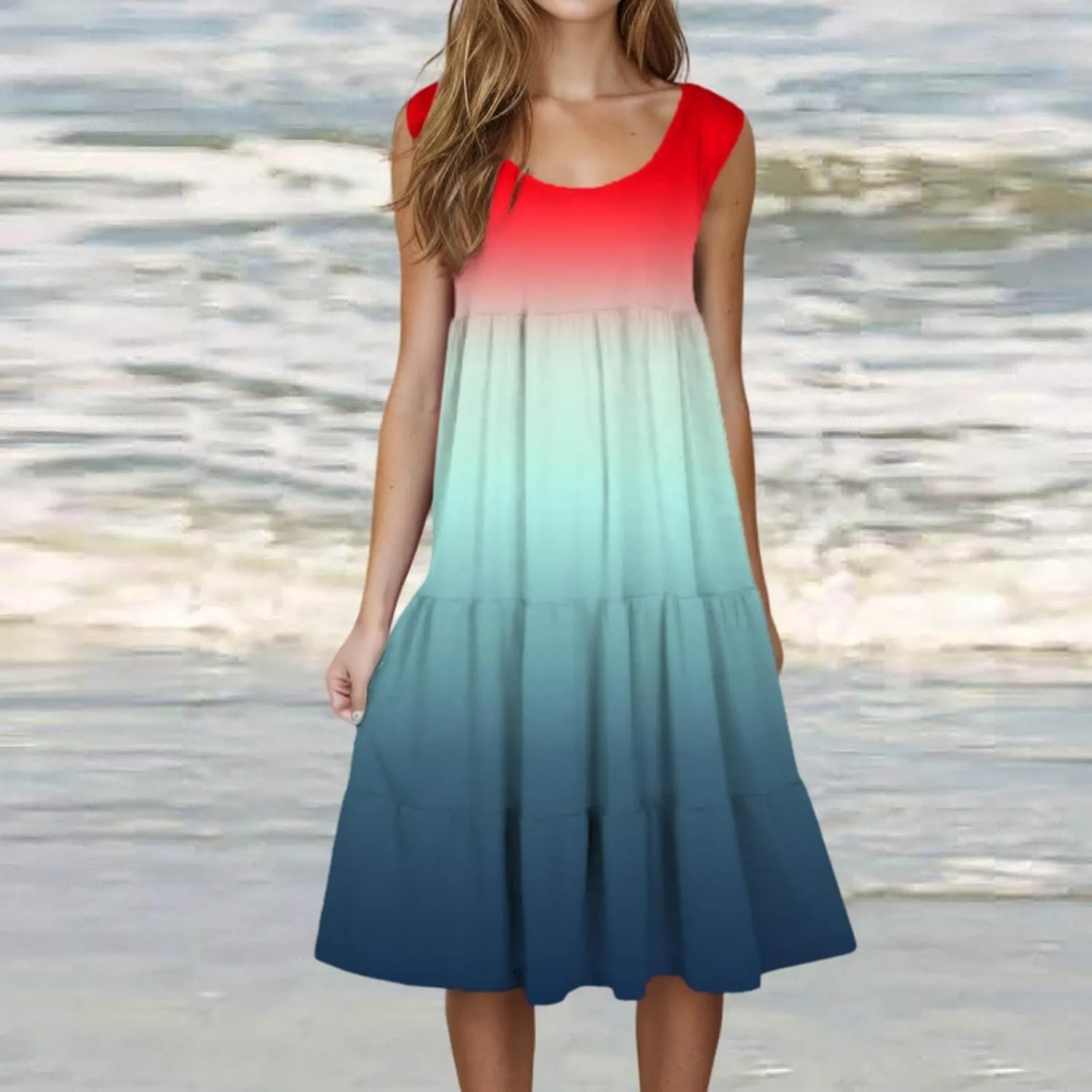 Women's 2025 Summer Flowy Midi Dress Casual Sleeveless Crew Neck Sundresses Lightweight Boho Beach A-Line Dresses