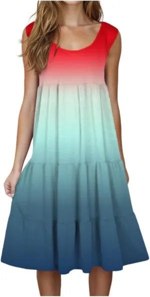 Women's 2025 Summer Flowy Midi Dress Casual Sleeveless Crew Neck Sundresses Lightweight Boho Beach A-Line Dresses