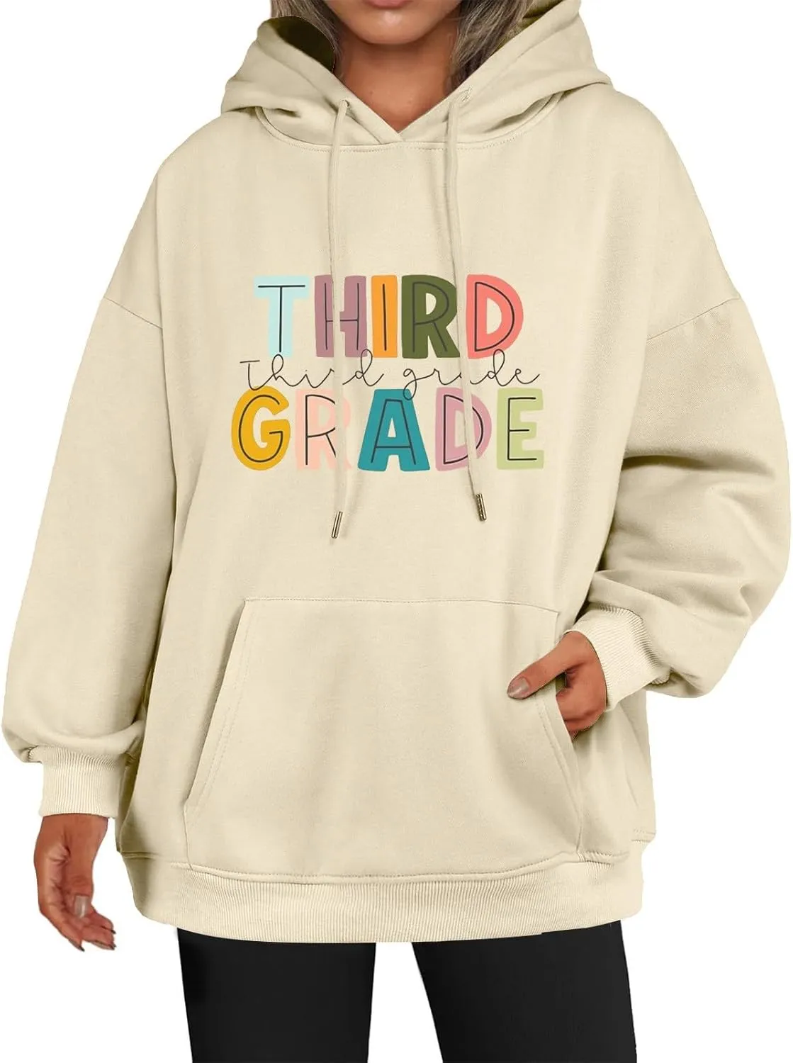 Womens Autumn Hoodies Loose Letter Print Drawstring Hooded Long Sleeve Pullover Sweatshirts Oversized Streetwear Tops