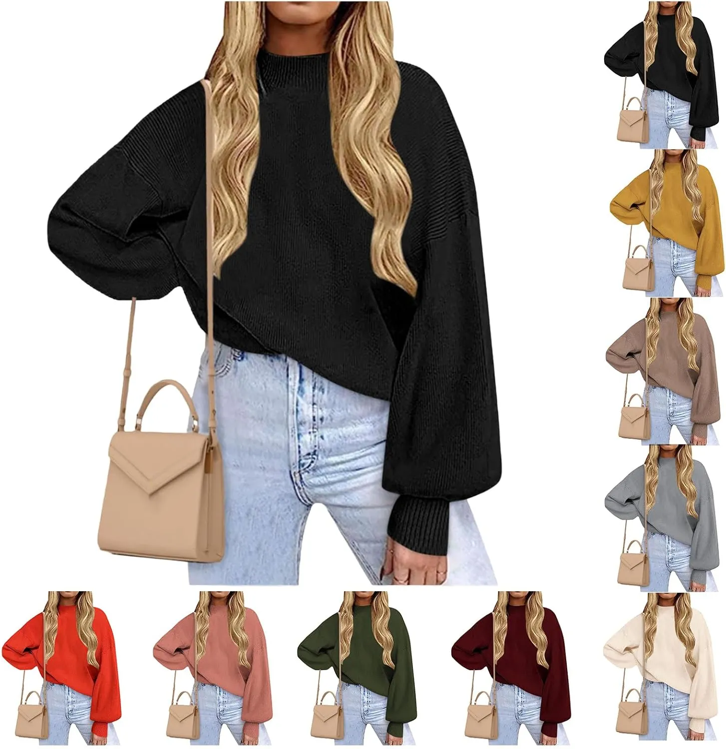 Womens Batwing Sweaters Fall Winter Long Sleeve Crewneck Sweater Warm Chunky Ribbed Knit Pullover Sweater Tops