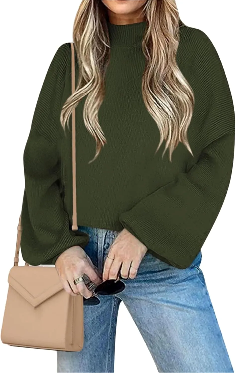 Womens Batwing Sweaters Fall Winter Long Sleeve Crewneck Sweater Warm Chunky Ribbed Knit Pullover Sweater Tops