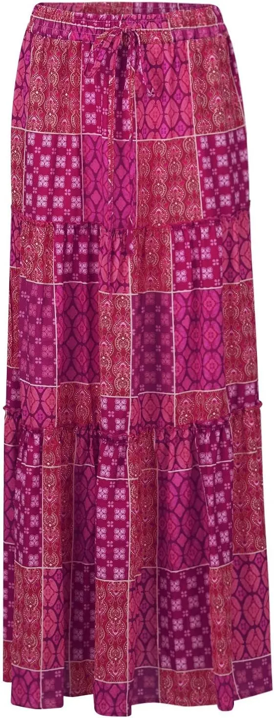 Womens Boho Floral Print Skirt Casual High Waist Tiered Maxi Skirts A Line Pleated Ruffle Flowy Long Skirt w/Pockets