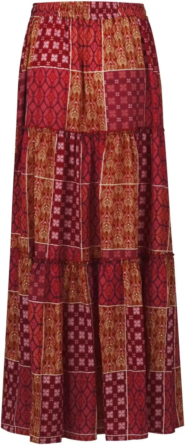 Womens Boho Floral Print Skirt Casual High Waist Tiered Maxi Skirts A Line Pleated Ruffle Flowy Long Skirt w/Pockets