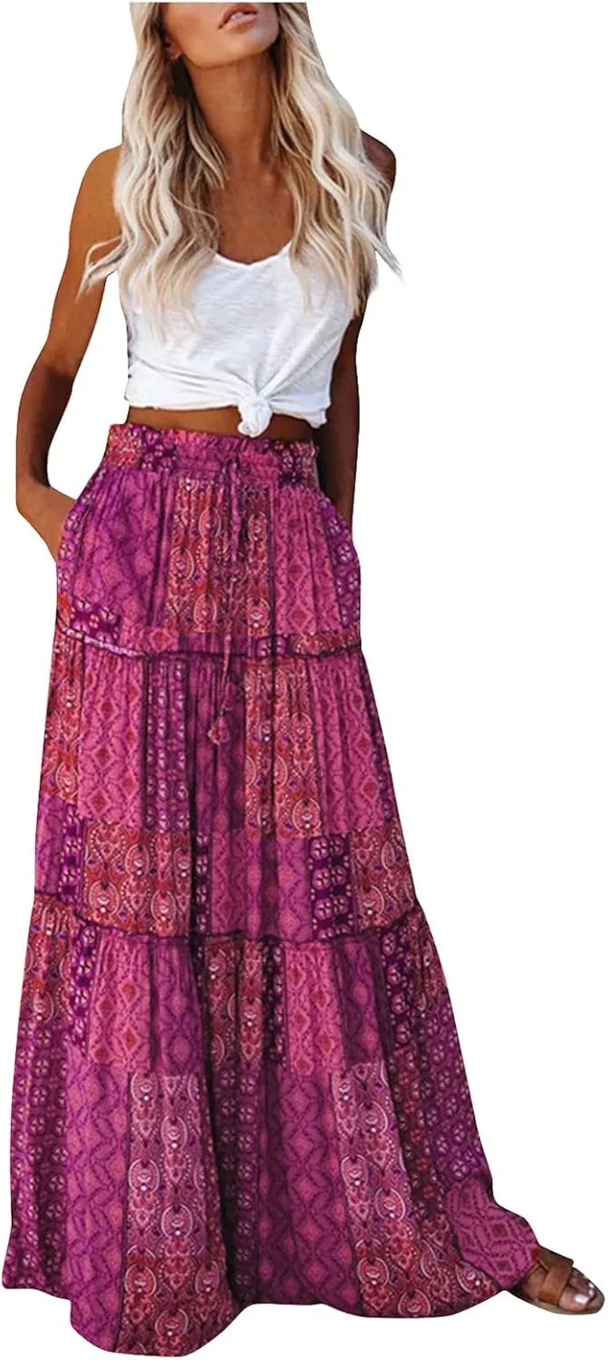 Womens Boho Floral Print Skirt Casual High Waist Tiered Maxi Skirts A Line Pleated Ruffle Flowy Long Skirt w/Pockets