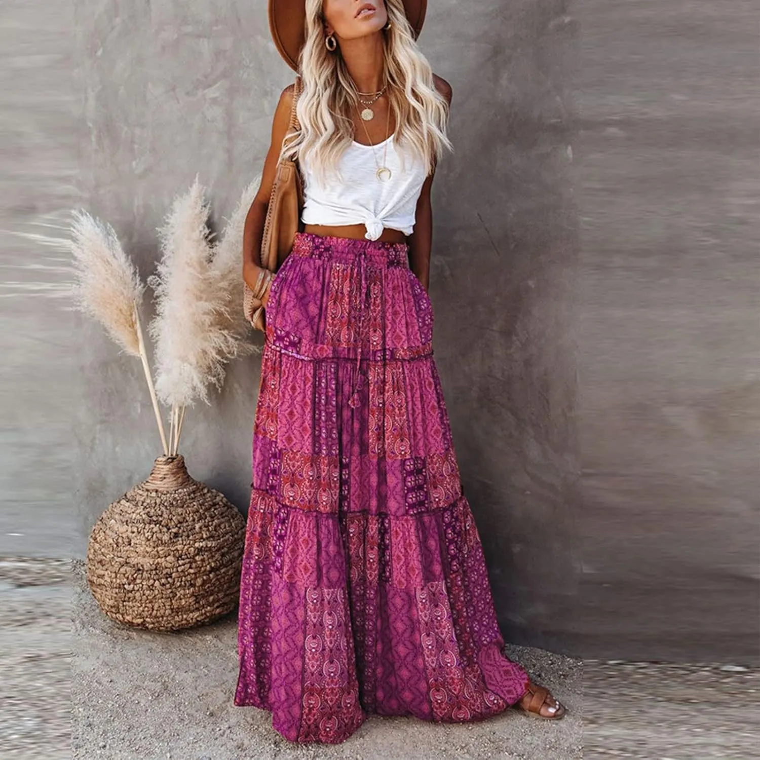 Womens Boho Floral Print Skirt Casual High Waist Tiered Maxi Skirts A Line Pleated Ruffle Flowy Long Skirt w/Pockets