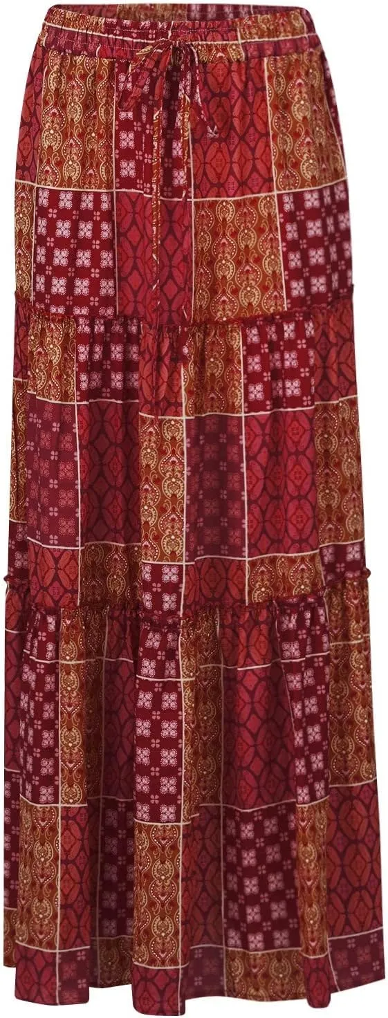 Womens Boho Floral Print Skirt Casual High Waist Tiered Maxi Skirts A Line Pleated Ruffle Flowy Long Skirt w/Pockets
