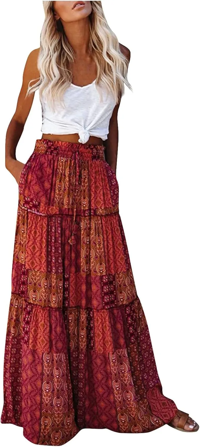 Womens Boho Floral Print Skirt Casual High Waist Tiered Maxi Skirts A Line Pleated Ruffle Flowy Long Skirt w/Pockets
