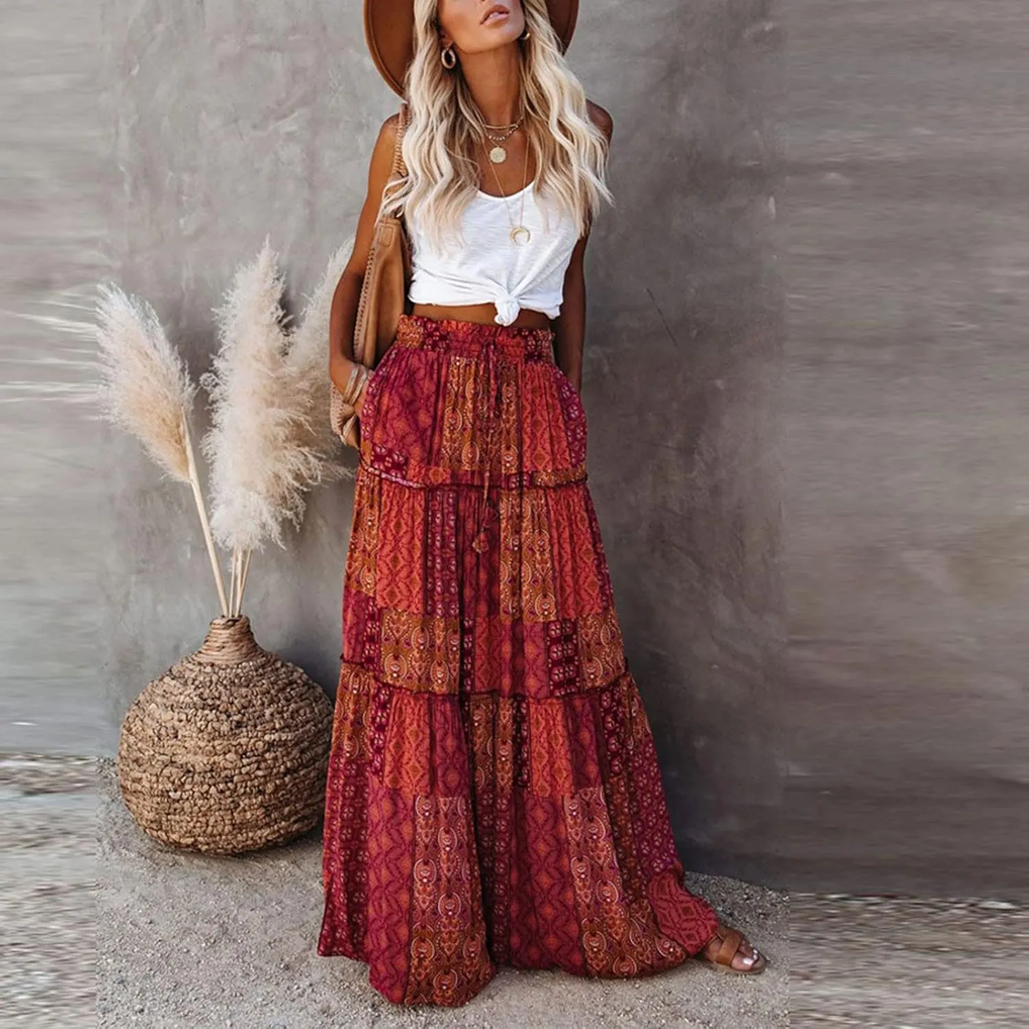 Womens Boho Floral Print Skirt Casual High Waist Tiered Maxi Skirts A Line Pleated Ruffle Flowy Long Skirt w/Pockets