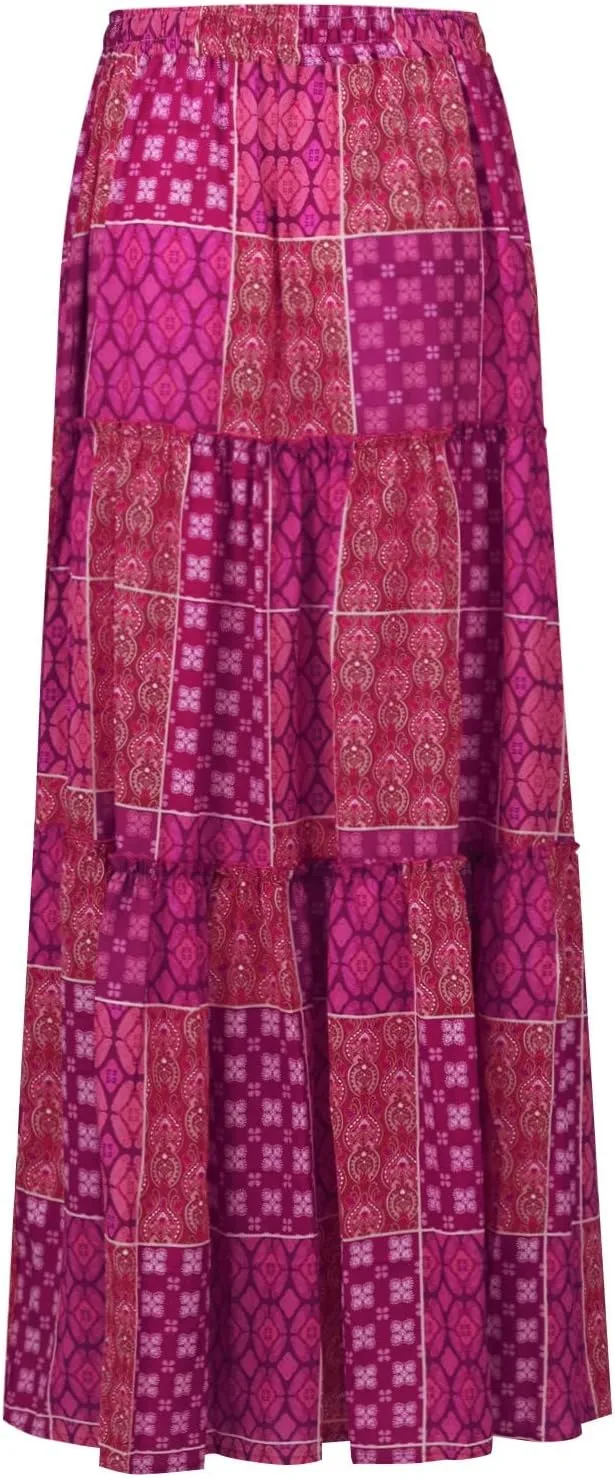 Womens Boho Floral Print Skirt Casual High Waist Tiered Maxi Skirts A Line Pleated Ruffle Flowy Long Skirt w/Pockets