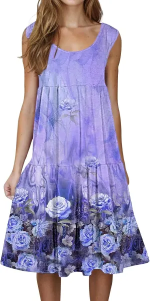 Women's Boho Flowy Short Sleeve Beach Dress Casual Sundresses Sexy Sleeveless Dress Flowy Midi Vacation Swim Cover