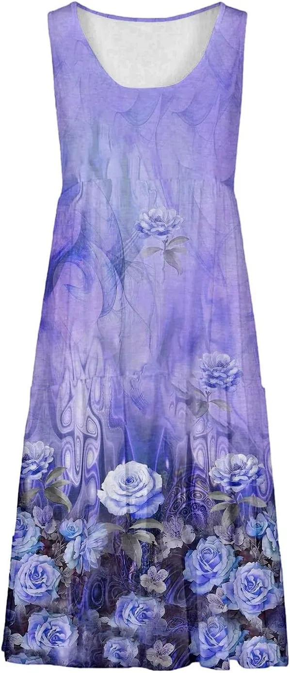 Women's Boho Flowy Short Sleeve Beach Dress Casual Sundresses Sexy Sleeveless Dress Flowy Midi Vacation Swim Cover