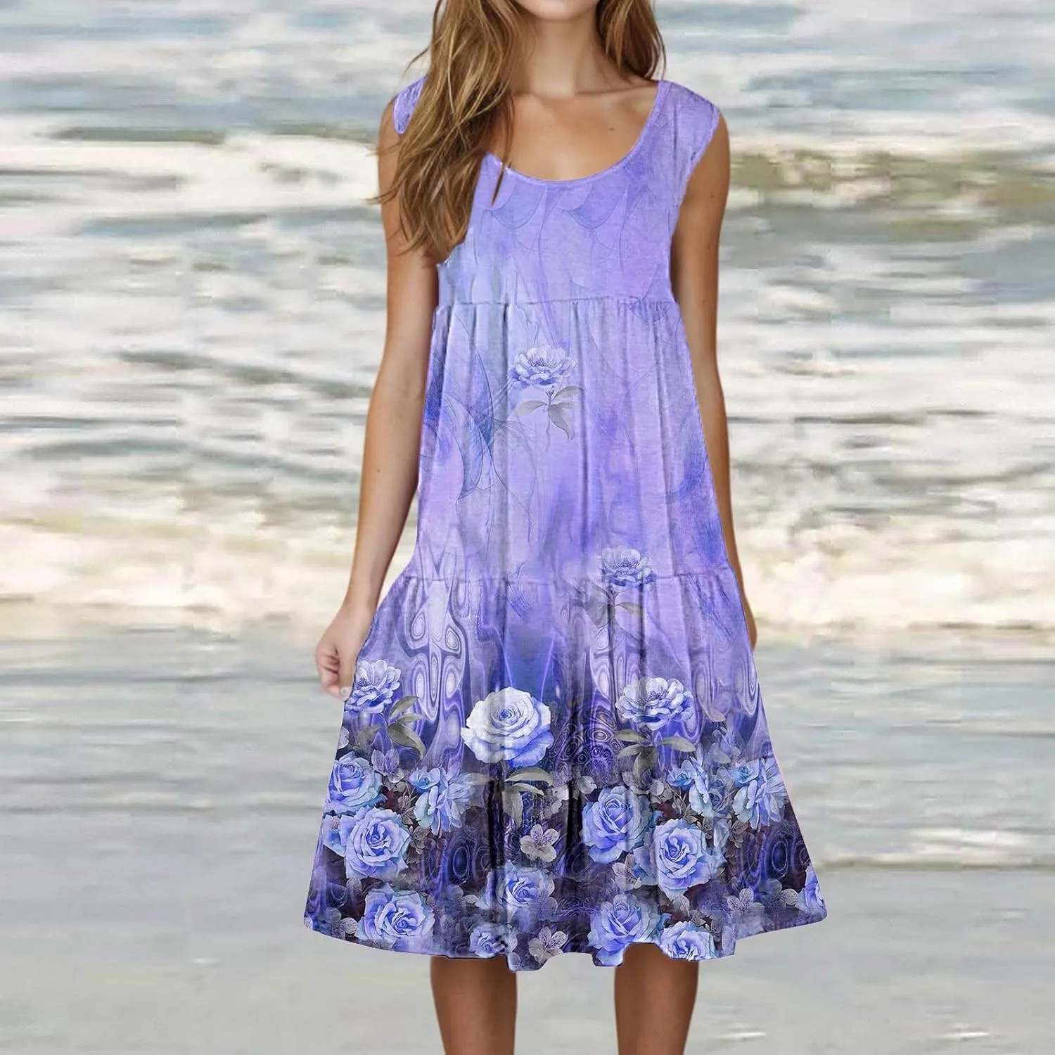 Women's Boho Flowy Short Sleeve Beach Dress Casual Sundresses Sexy Sleeveless Dress Flowy Midi Vacation Swim Cover