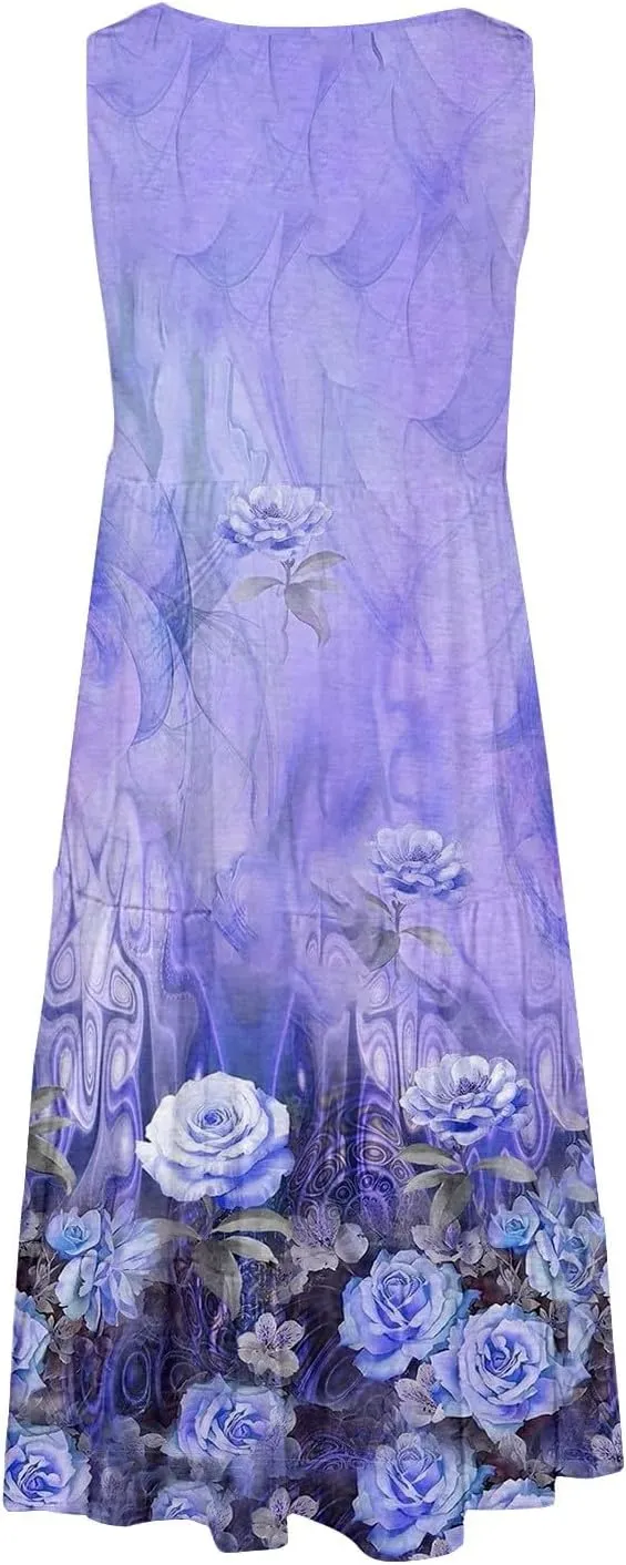 Women's Boho Flowy Short Sleeve Beach Dress Casual Sundresses Sexy Sleeveless Dress Flowy Midi Vacation Swim Cover