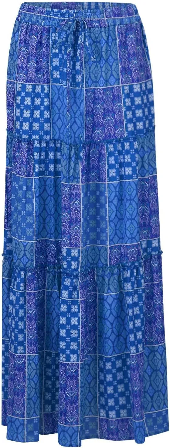 Women's Boho Maxi Skirt Tie Elastic High Waist Long Skirts Casual Summer Tiered Ruffle Trendy Print Skirt with Pockets
