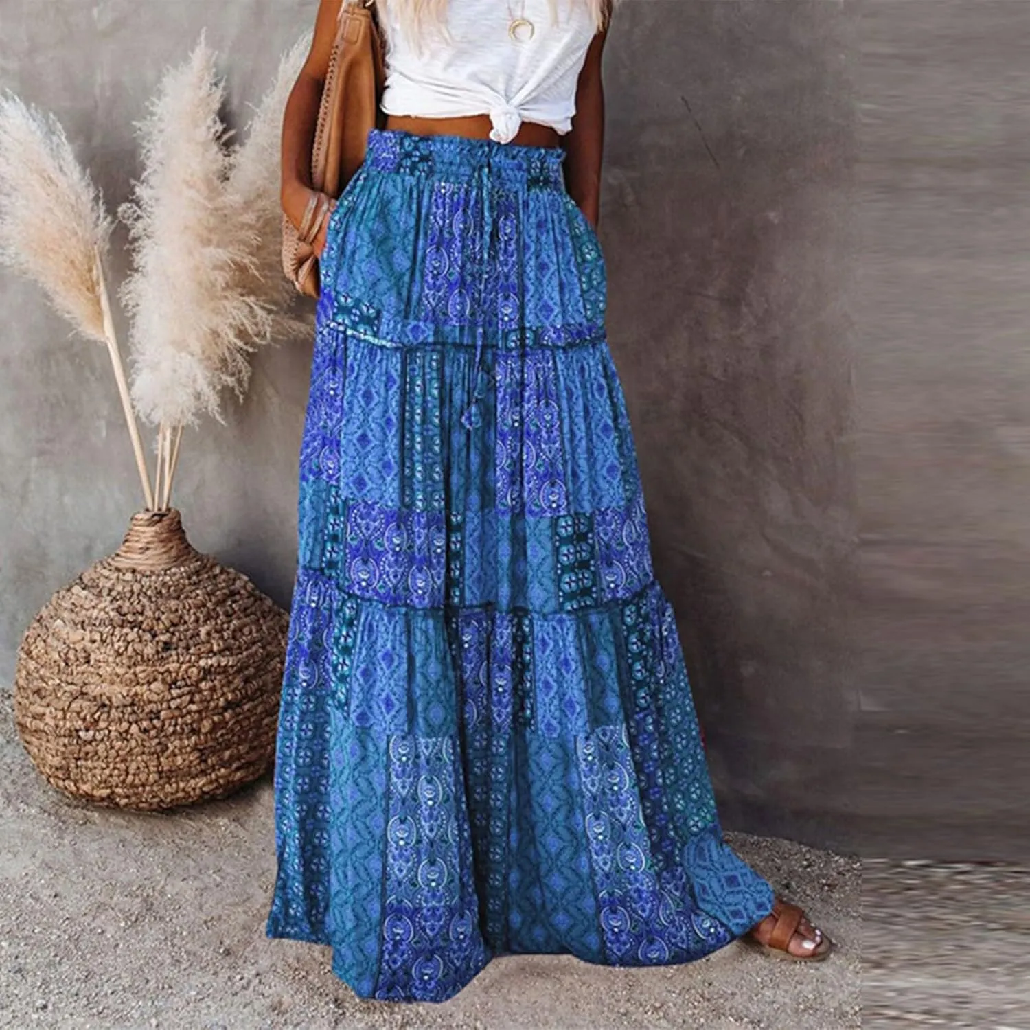 Women's Boho Maxi Skirt Tie Elastic High Waist Long Skirts Casual Summer Tiered Ruffle Trendy Print Skirt with Pockets