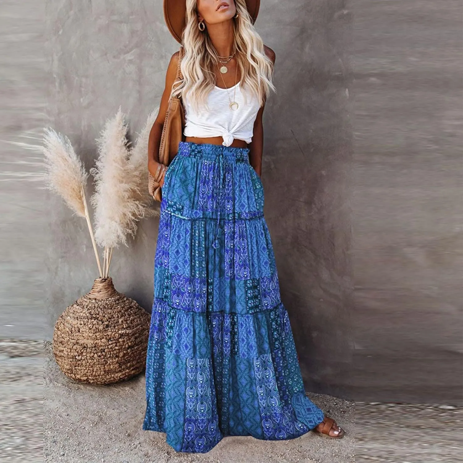 Women's Boho Maxi Skirt Tie Elastic High Waist Long Skirts Casual Summer Tiered Ruffle Trendy Print Skirt with Pockets