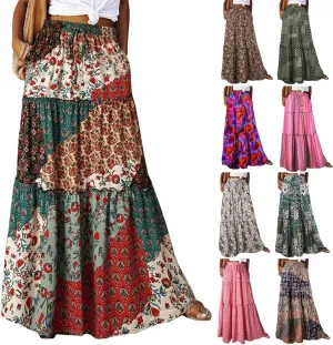 Women's Boho Maxi Skirt Tie Elastic High Waist Long Skirts Casual Summer Tiered Ruffle Trendy Print Skirt with Pockets