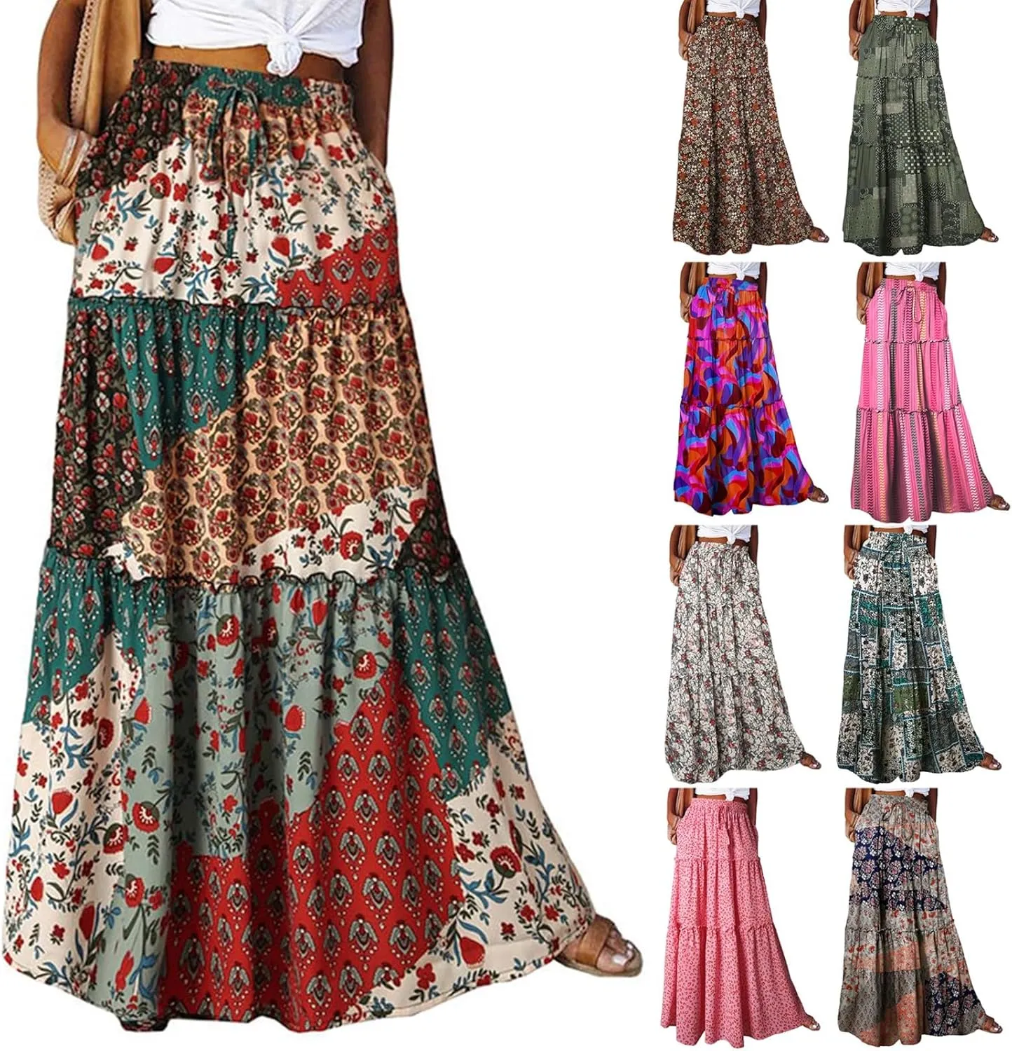 Women's Boho Maxi Skirt Tie Elastic High Waist Long Skirts Casual Summer Tiered Ruffle Trendy Print Skirt with Pockets