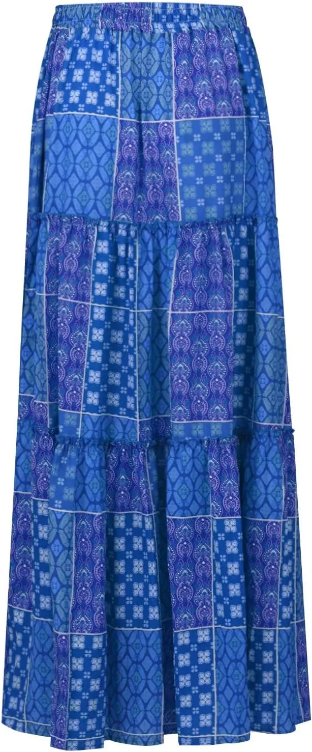 Women's Boho Maxi Skirt Tie Elastic High Waist Long Skirts Casual Summer Tiered Ruffle Trendy Print Skirt with Pockets