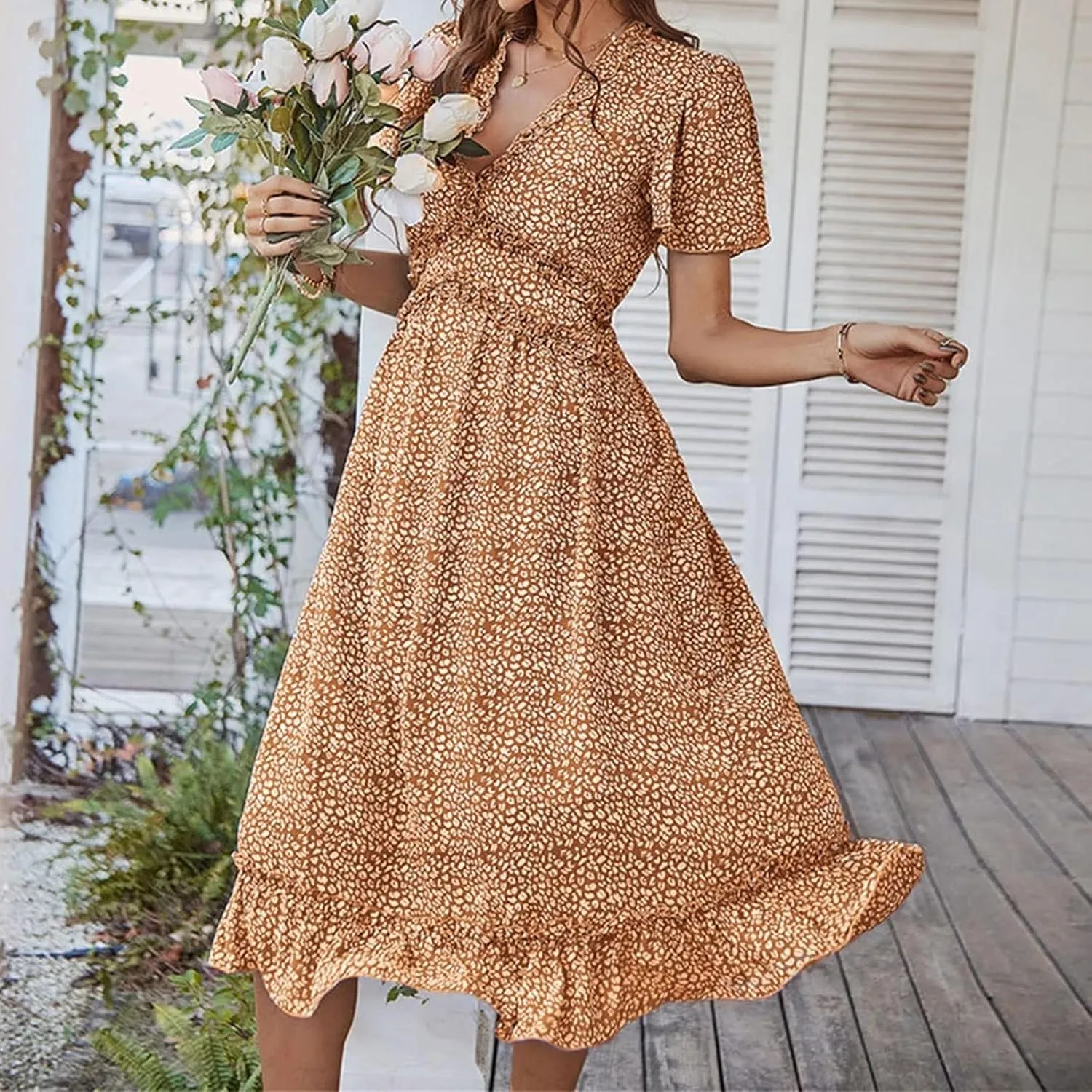 Womens Boho Ruffle Wrap Midi Dress High Waist V Neck A Line Dresses Flowy Beach Summer Dress