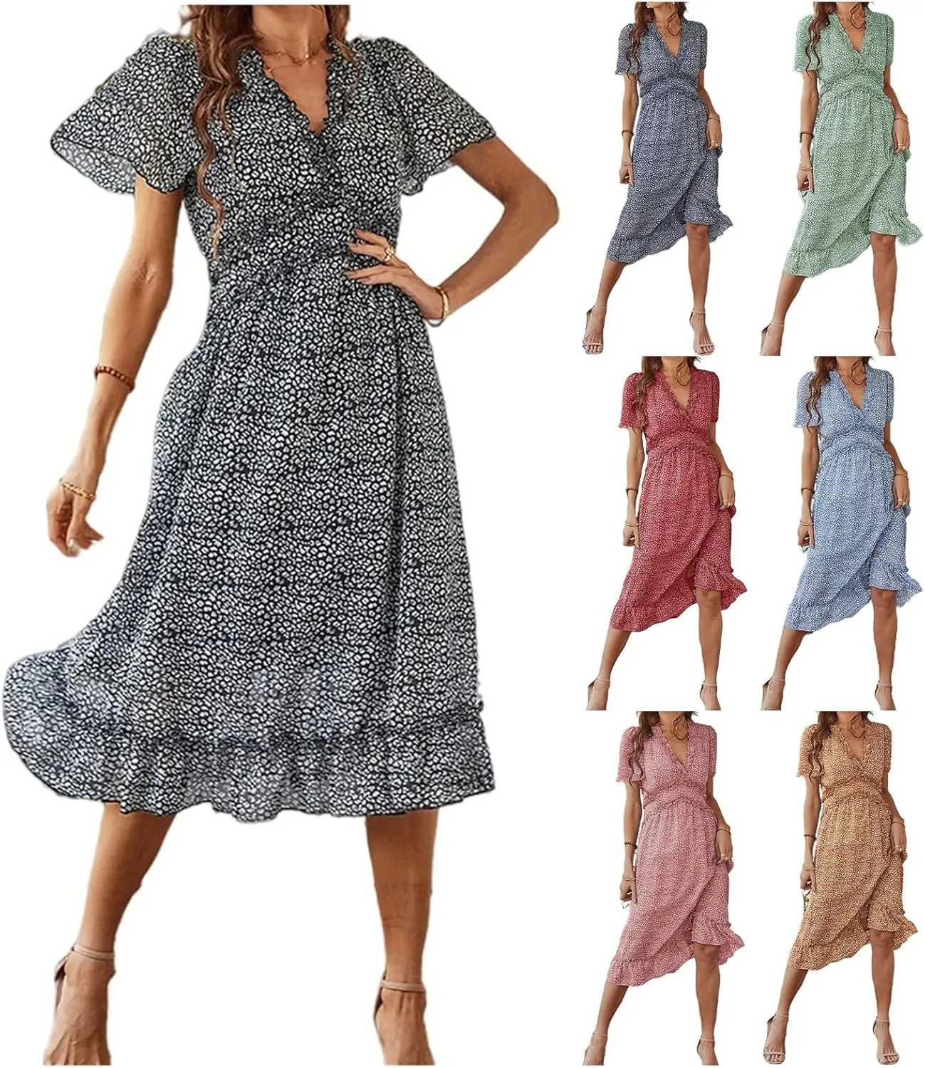 Womens Boho Ruffle Wrap Midi Dress High Waist V Neck A Line Dresses Flowy Beach Summer Dress