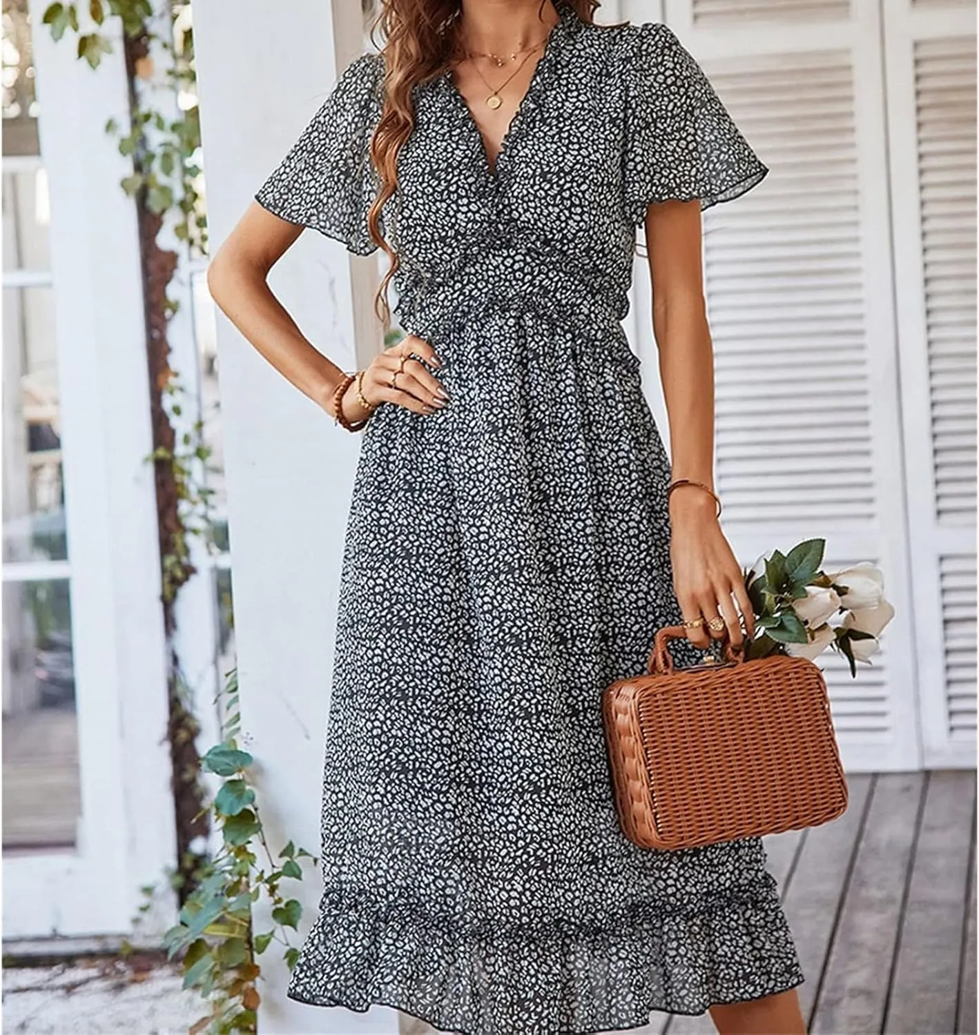 Womens Boho Ruffle Wrap Midi Dress High Waist V Neck A Line Dresses Flowy Beach Summer Dress