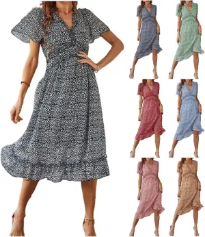 Womens Boho Ruffle Wrap Midi Dress High Waist V Neck A Line Dresses Flowy Beach Summer Dress