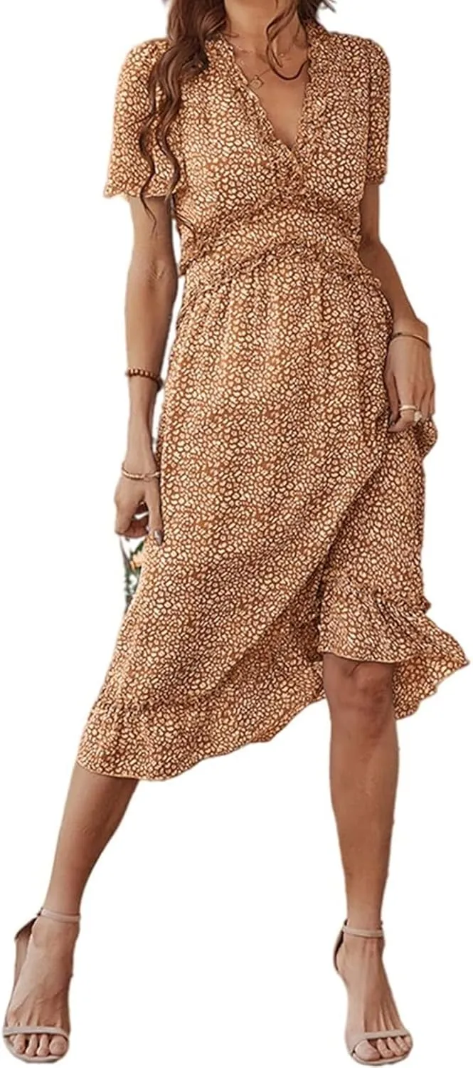 Womens Boho Ruffle Wrap Midi Dress High Waist V Neck A Line Dresses Flowy Beach Summer Dress