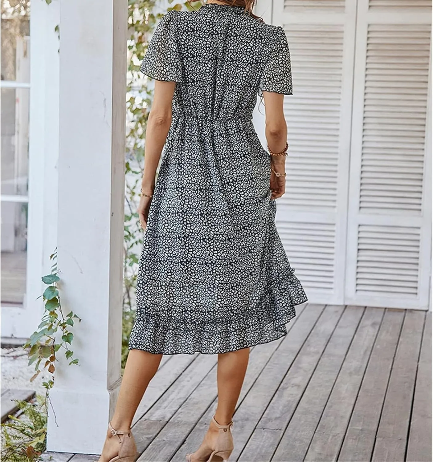 Womens Boho Ruffle Wrap Midi Dress High Waist V Neck A Line Dresses Flowy Beach Summer Dress
