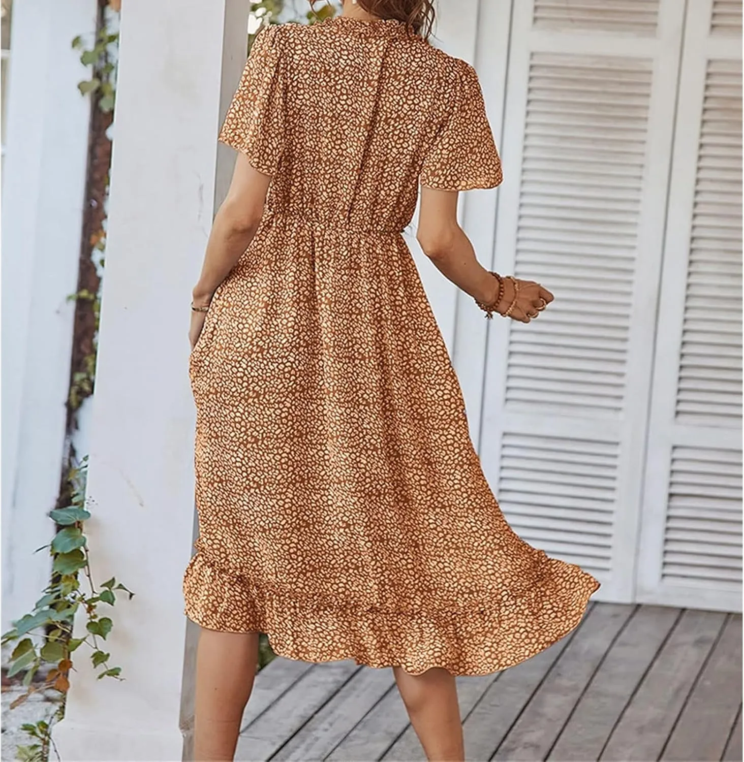 Womens Boho Ruffle Wrap Midi Dress High Waist V Neck A Line Dresses Flowy Beach Summer Dress