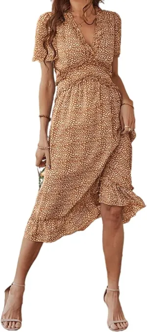 Womens Boho Ruffle Wrap Midi Dress High Waist V Neck A Line Dresses Flowy Beach Summer Dress