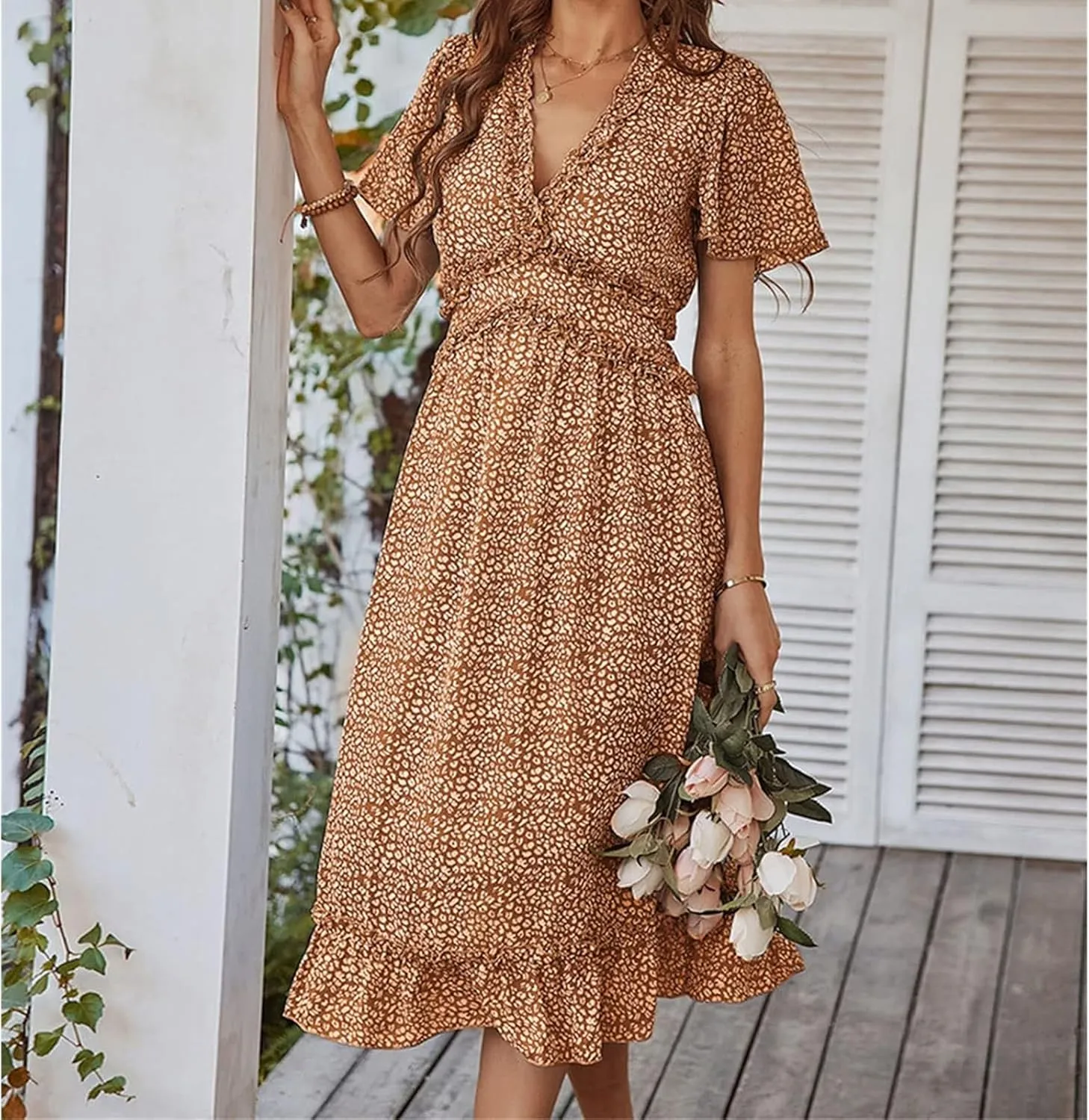 Womens Boho Ruffle Wrap Midi Dress High Waist V Neck A Line Dresses Flowy Beach Summer Dress