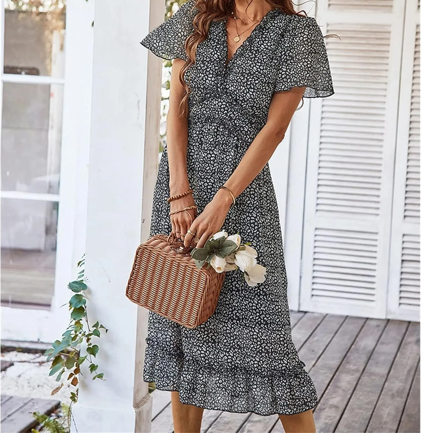 Womens Boho Ruffle Wrap Midi Dress High Waist V Neck A Line Dresses Flowy Beach Summer Dress