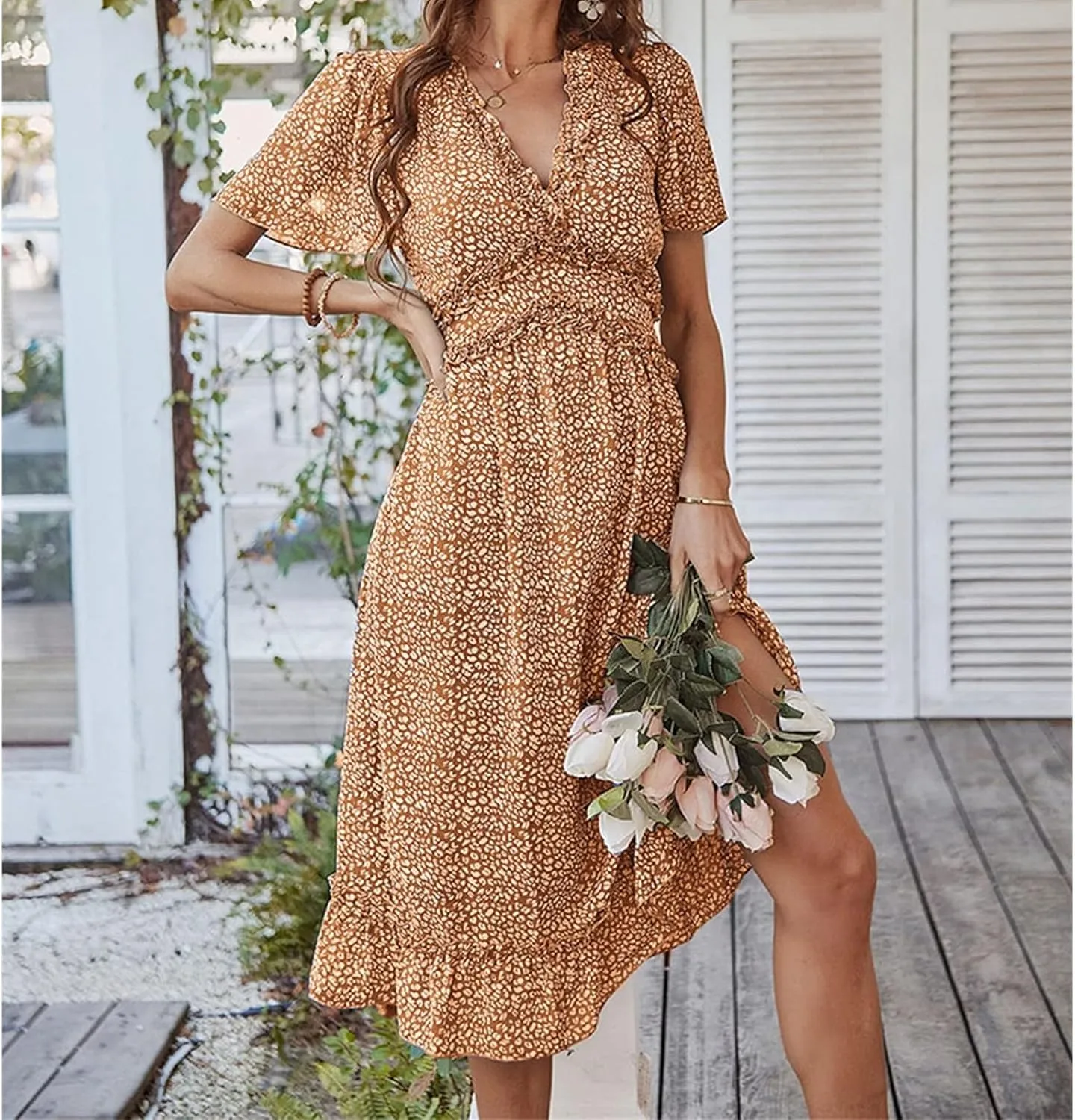 Womens Boho Ruffle Wrap Midi Dress High Waist V Neck A Line Dresses Flowy Beach Summer Dress