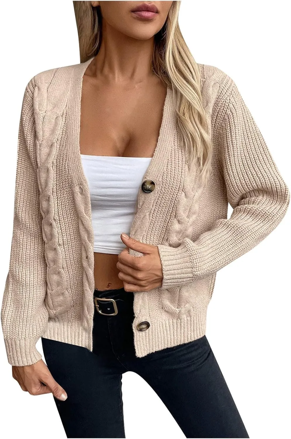 Women's Button Down Open Front Cardigan Sweaters Fashion Long Sleeve Cable Knit Chunky Outwear Coats
