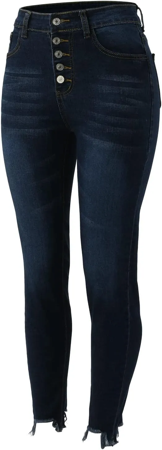 Womens Button Fly Jeans Skinny Stretchy Frayed Raw Hem Denim Pants High Waisted Straight Leg Mom Jeggings Jeans