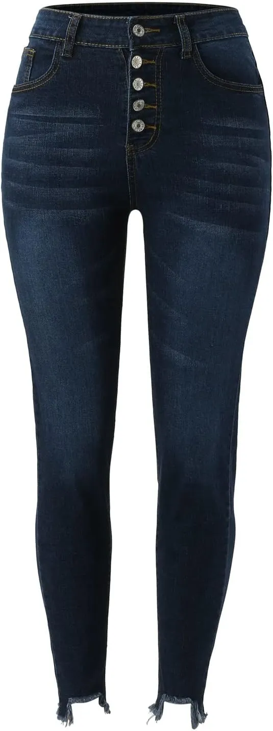 Womens Button Fly Jeans Skinny Stretchy Frayed Raw Hem Denim Pants High Waisted Straight Leg Mom Jeggings Jeans