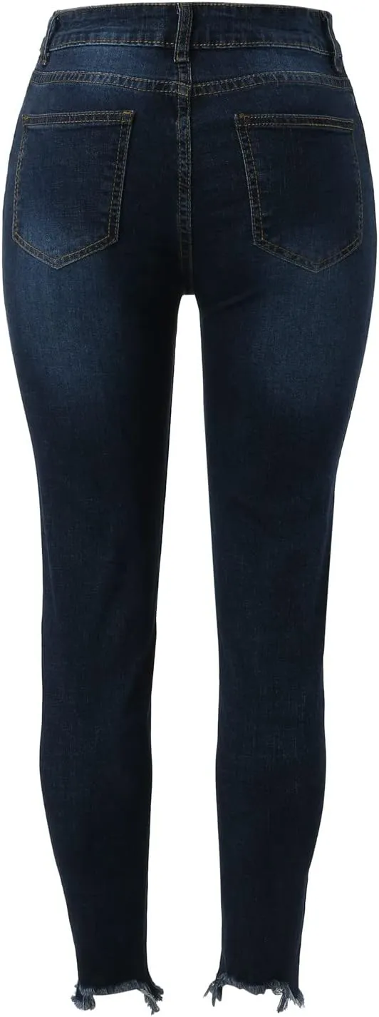 Womens Button Fly Jeans Skinny Stretchy Frayed Raw Hem Denim Pants High Waisted Straight Leg Mom Jeggings Jeans