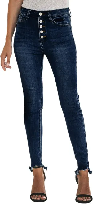 Womens Button Fly Jeans Skinny Stretchy Frayed Raw Hem Denim Pants High Waisted Straight Leg Mom Jeggings Jeans
