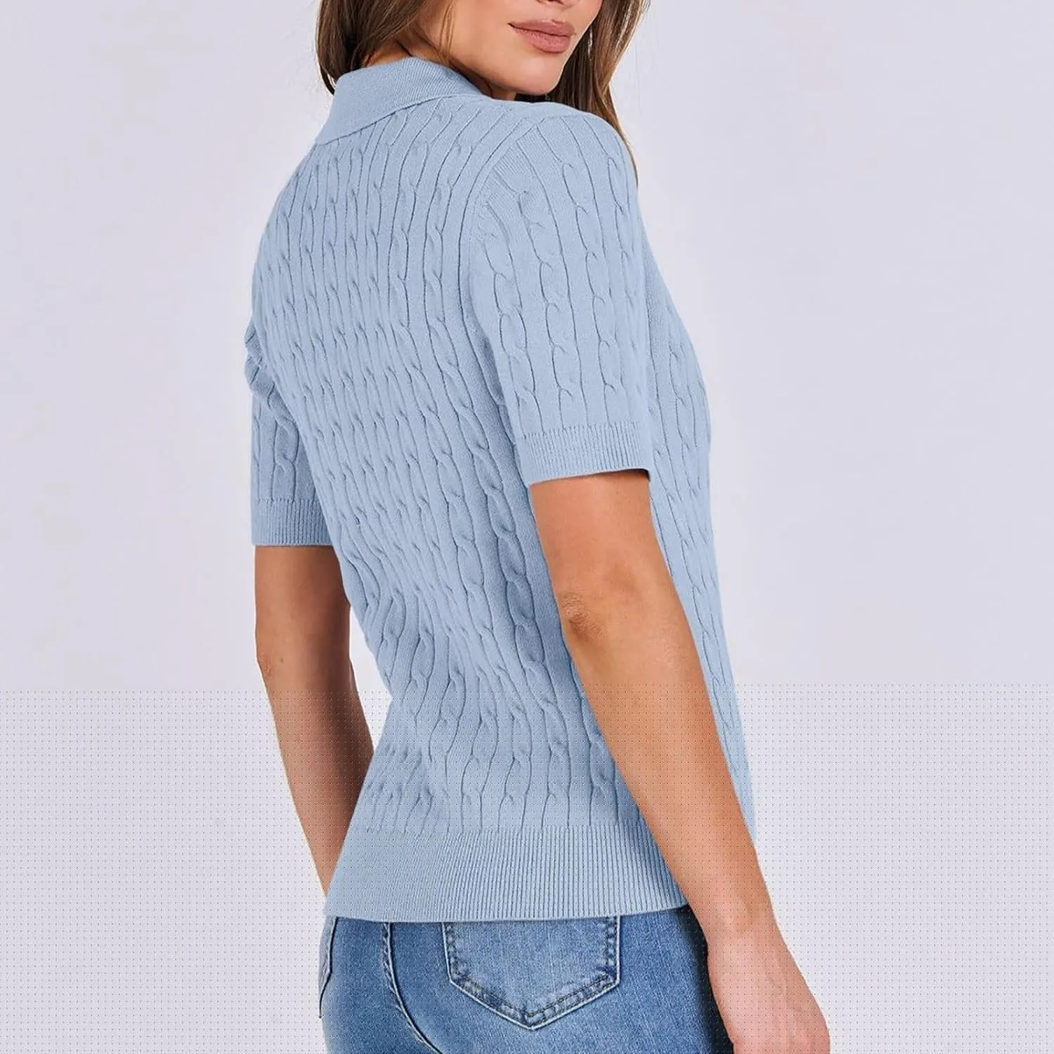 Women's Cable Knit Short Sleeve Sweaters Tops Polo V Neck Cable Knit Casual Soft Pullover Shirts Summer Outfits