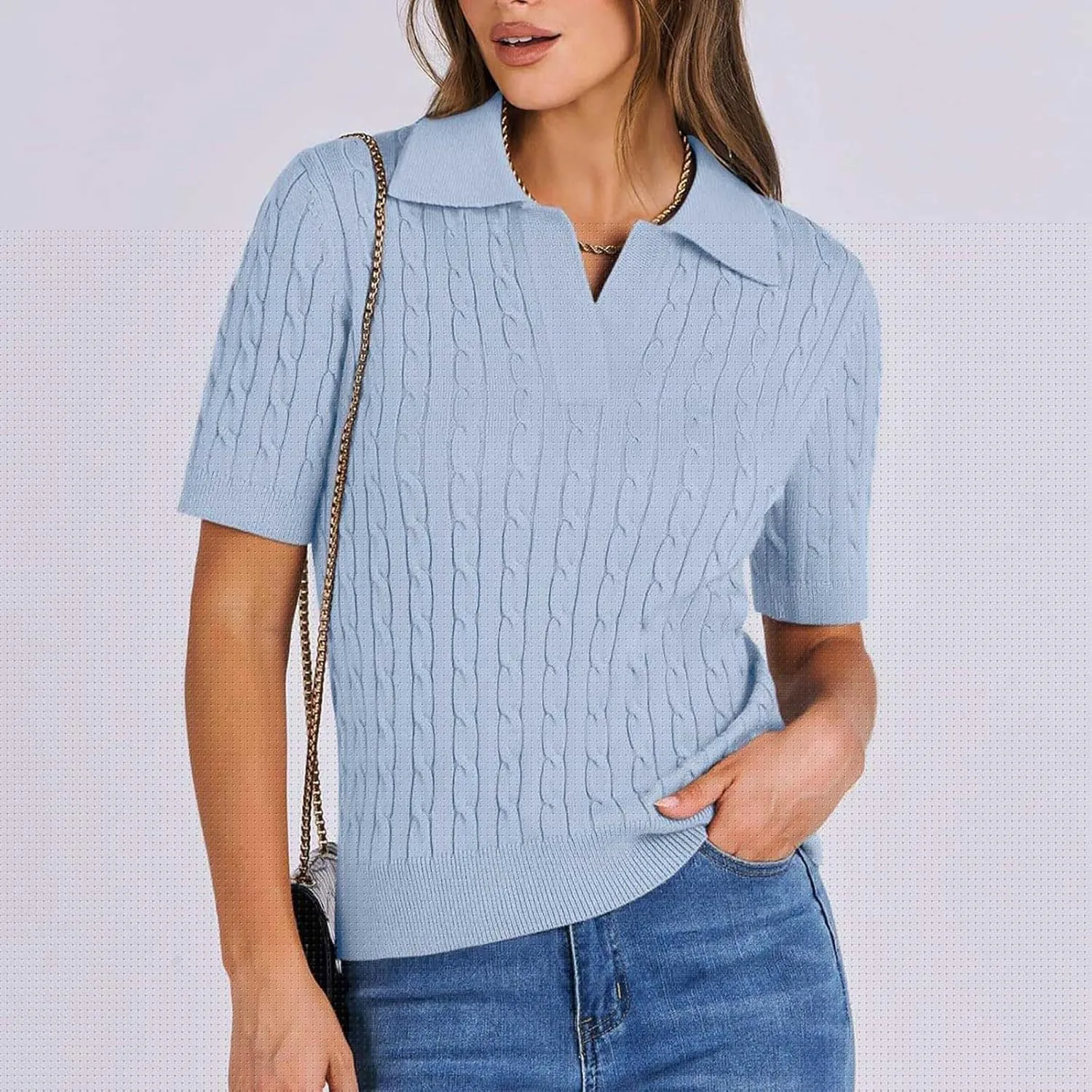 Women's Cable Knit Short Sleeve Sweaters Tops Polo V Neck Cable Knit Casual Soft Pullover Shirts Summer Outfits