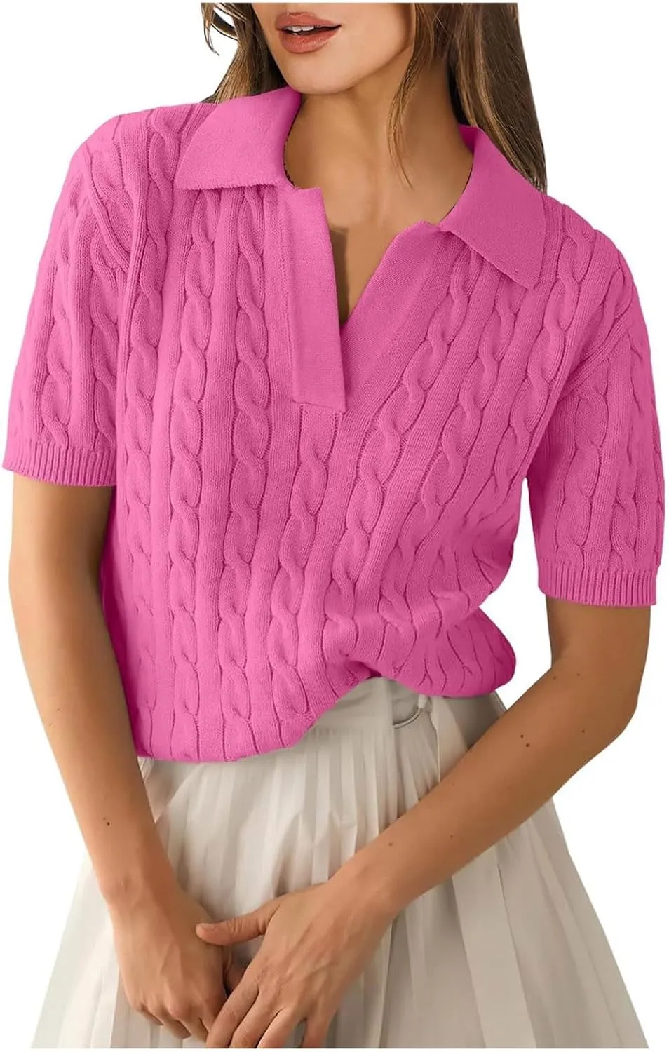 Women's Cable Knit Short Sleeve Sweaters Tops Polo V Neck Cable Knit Casual Soft Pullover Shirts Summer Outfits