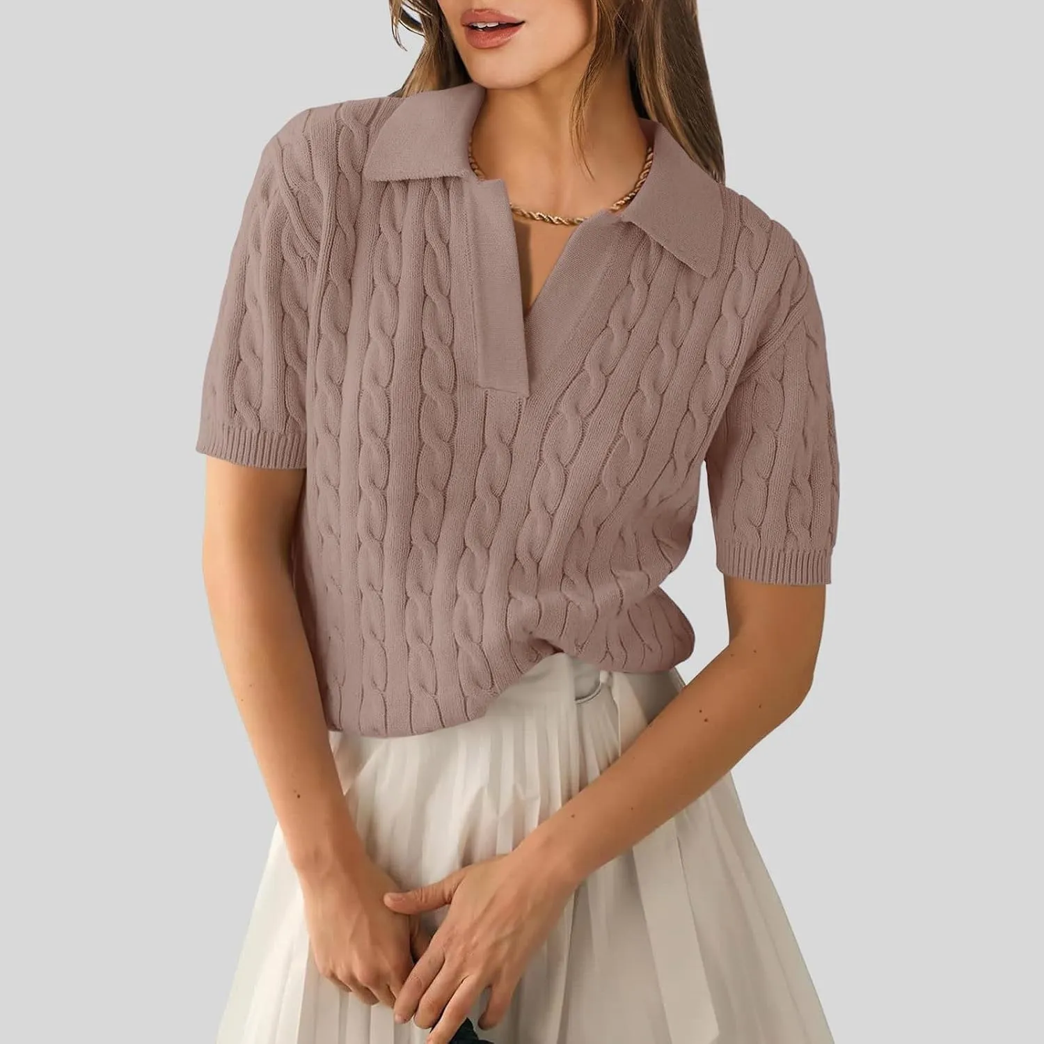 Women's Cable Knit Short Sleeve Sweaters Tops Polo V Neck Cable Knit Casual Soft Pullover Shirts Summer Outfits