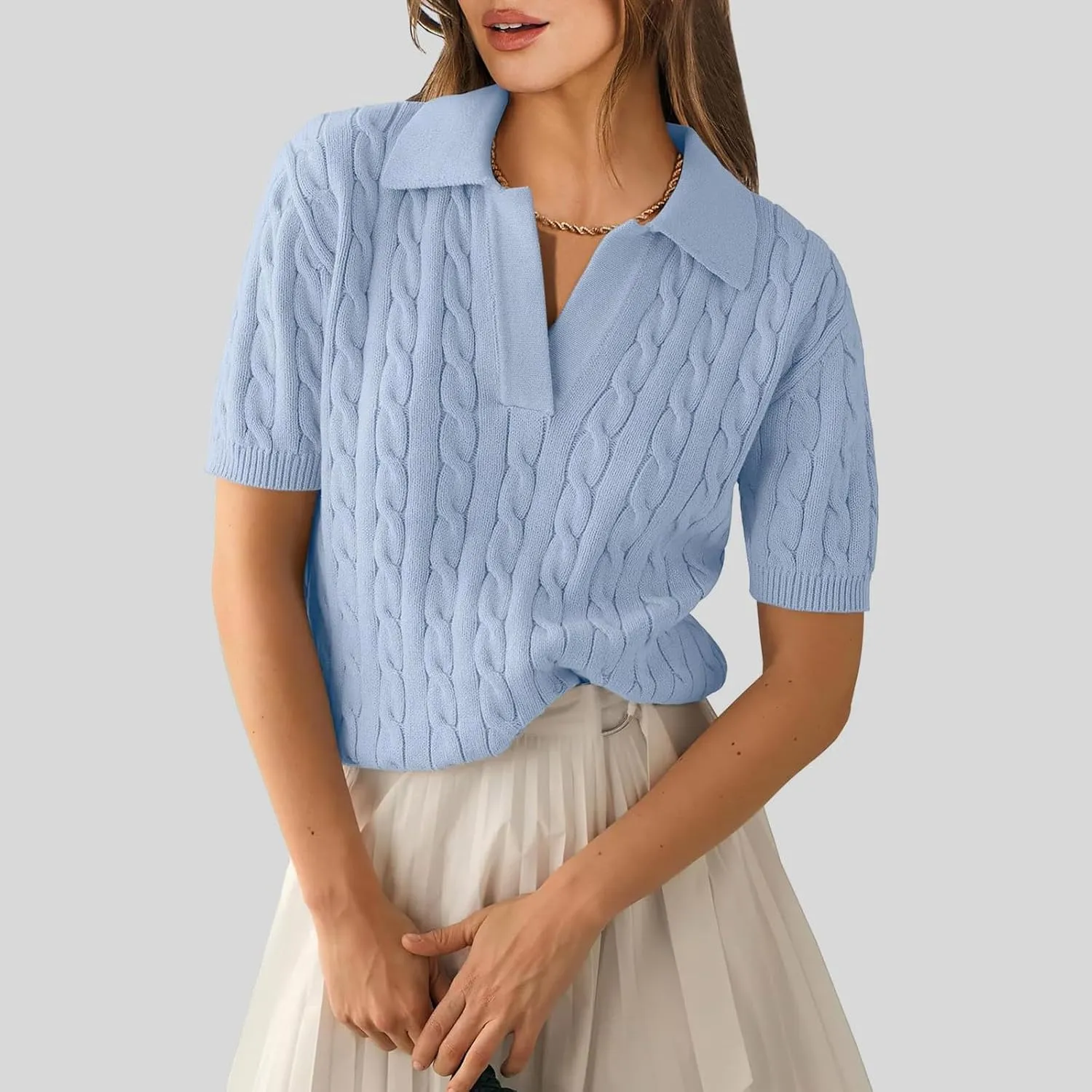 Women's Cable Knit Short Sleeve Sweaters Tops Polo V Neck Cable Knit Casual Soft Pullover Shirts Summer Outfits