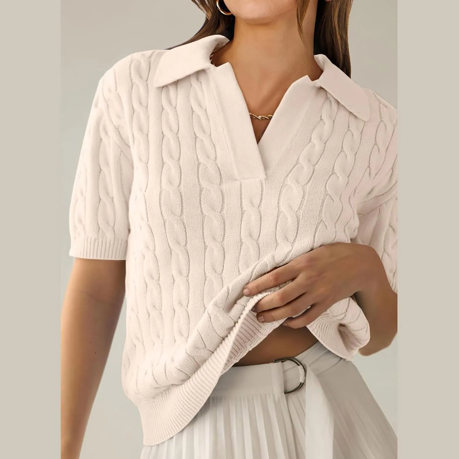 Women's Cable Knit Short Sleeve Sweaters Tops Polo V Neck Cable Knit Casual Soft Pullover Shirts Summer Outfits