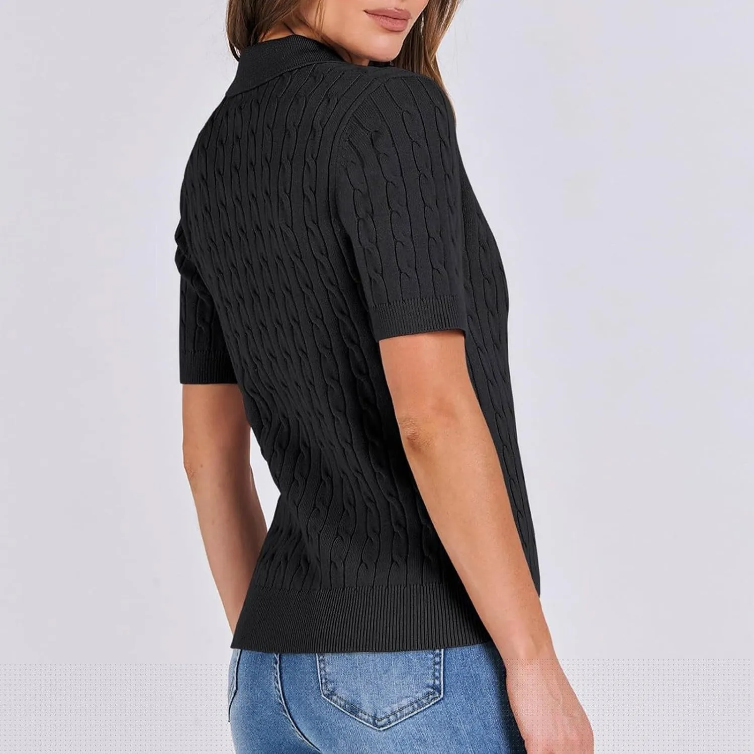 Women's Cable Knit Short Sleeve Sweaters Tops Polo V Neck Cable Knit Casual Soft Pullover Shirts Summer Outfits